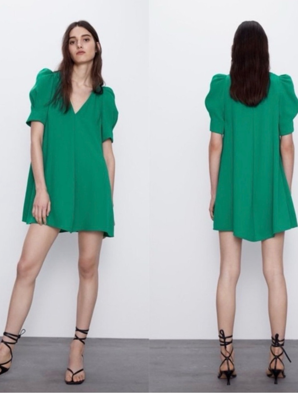 Zara Emerald Puff-Sleeve V-Neck Mini Dress